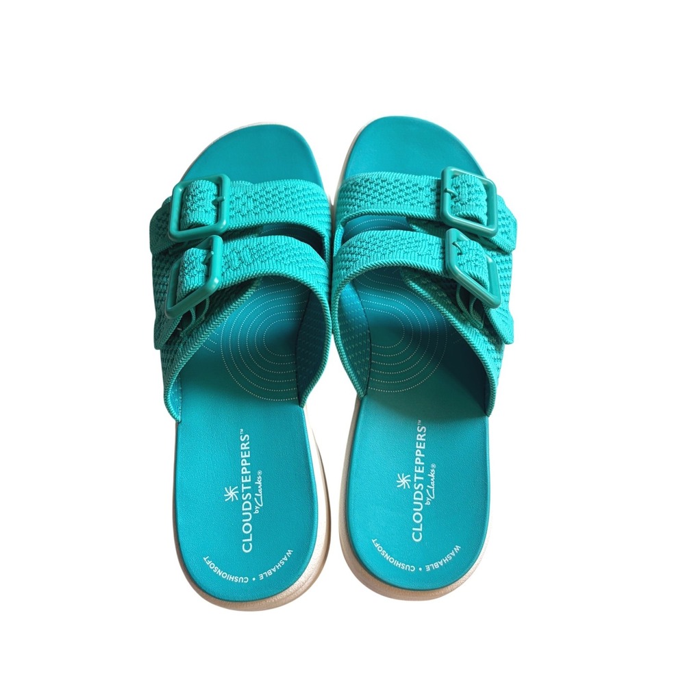 Clarks Cloudsteppers Teal Knit Buckle Slide Sandals Womens Size 8 Washable